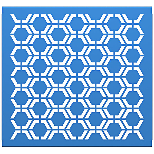 A white hexagon pattern on a blue background.