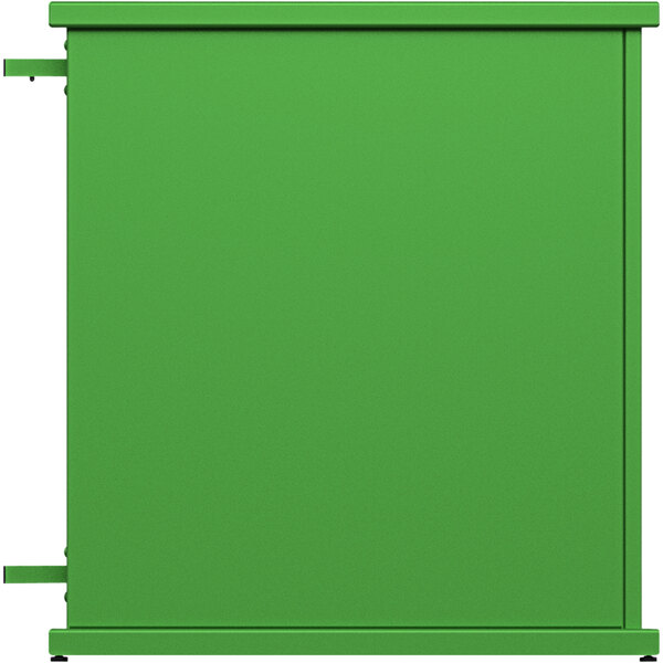 A green metal rectangular end planter with a metal frame and rectangle top cut-out.