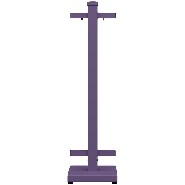 A purple rectangular metal stand with two hooks.