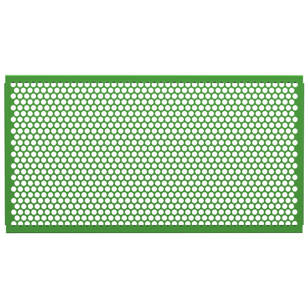 A green metal mesh partition panel with circle patterns.