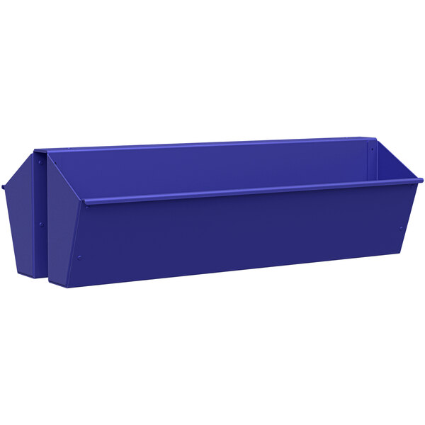 A royal blue plastic hanging planter box.