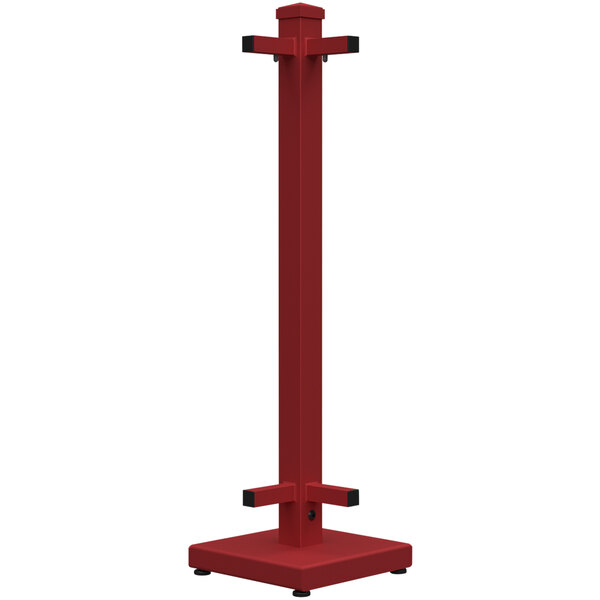 A red metal SelectSpace corner stand with two legs.