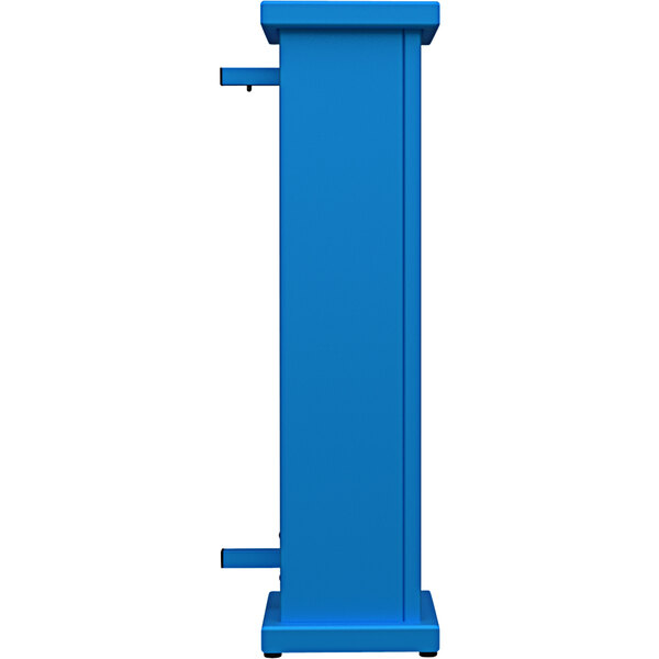 A sky blue metal rectangular pedestal with a circle top cut-out.