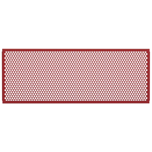 A red metal mesh partition panel with circle patterns.