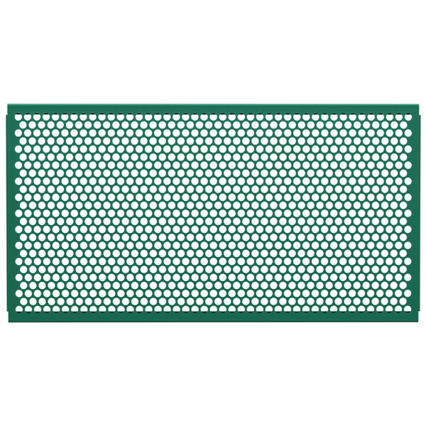A forest green metal mesh partition panel with circle patterns.