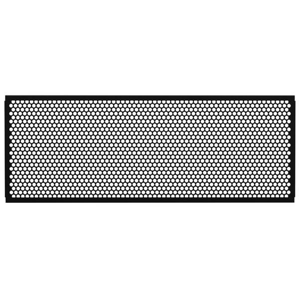 A black metal mesh partition panel with a circle pattern.
