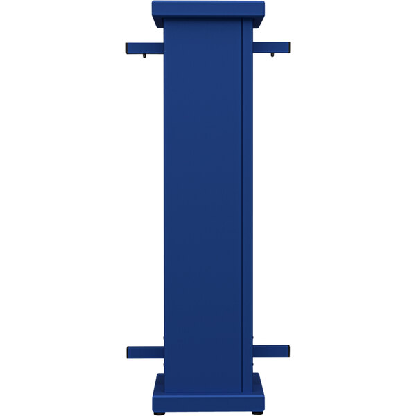 A royal blue rectangular planter stand with a circle top cut-out.