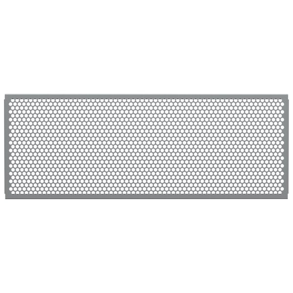 A close-up of a metal mesh partition panel with a circle pattern.