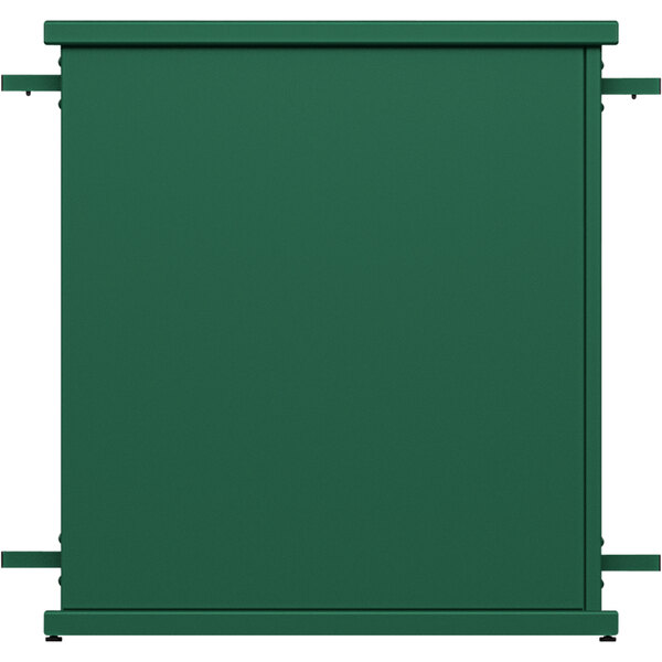 A forest green rectangular metal planter with a rectangle top cut-out and two metal bars.