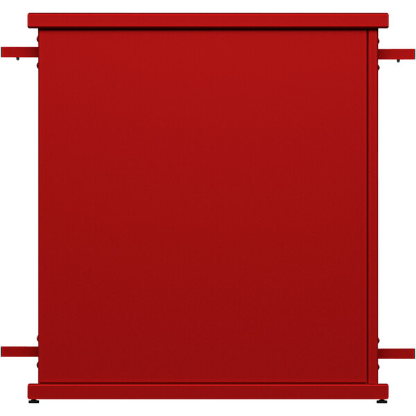 A red metal rectangular planter with a rectangle top cut-out over two metal bars.