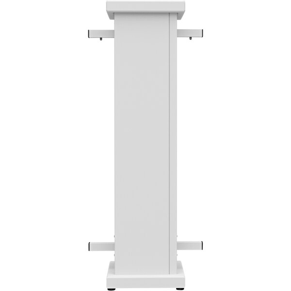 A white rectangular stand with a circle top cut-out.
