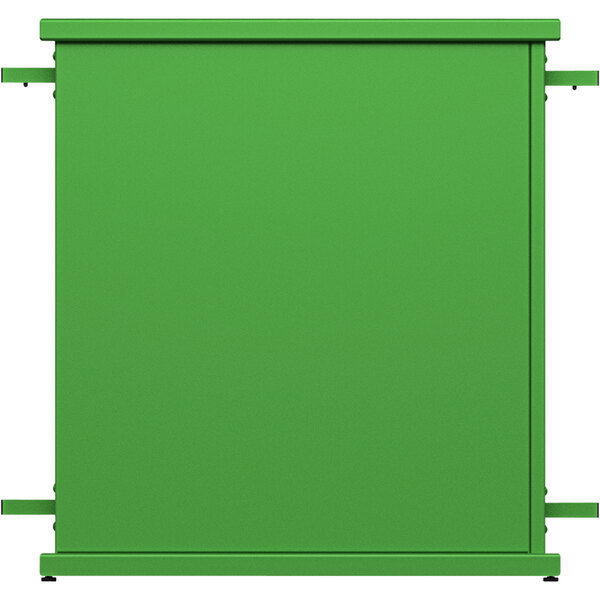 A green rectangular planter with a rectangle top cut-out and metal bars.