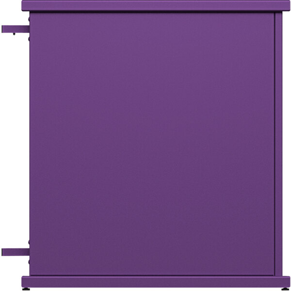 A purple metal end planter with a white rectangular top cut-out.