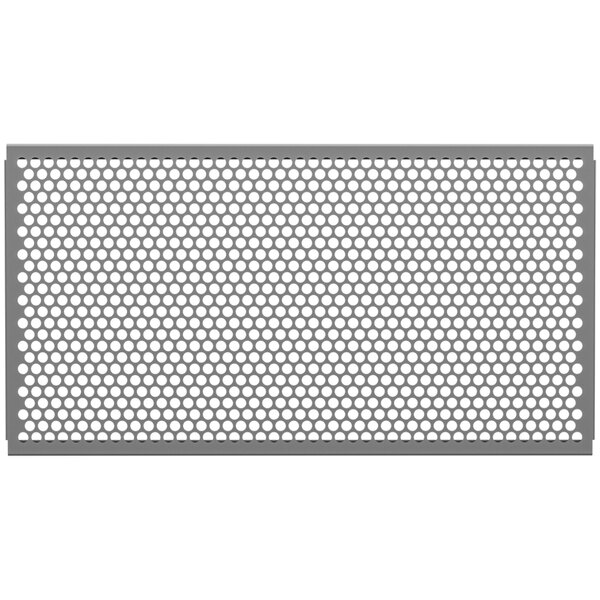 A close-up of a metal mesh panel with a circle pattern.