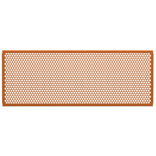 A rectangular burnt orange metal panel with circle patterned holes.
