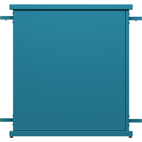 A teal metal rectangular planter with a rectangle cut-out on top.