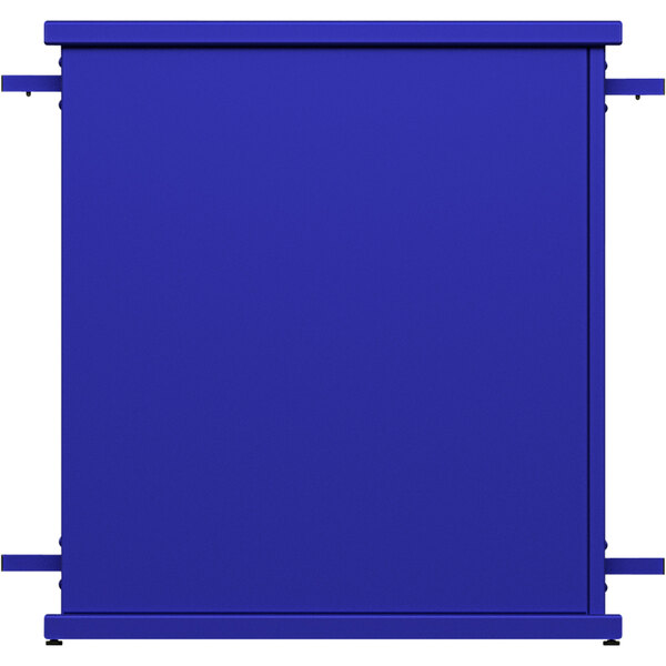 A royal blue rectangular metal planter with circle cut-outs.