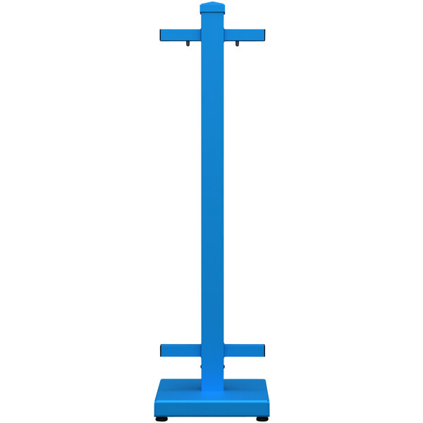 A sky blue metal rectangular stand with two legs.