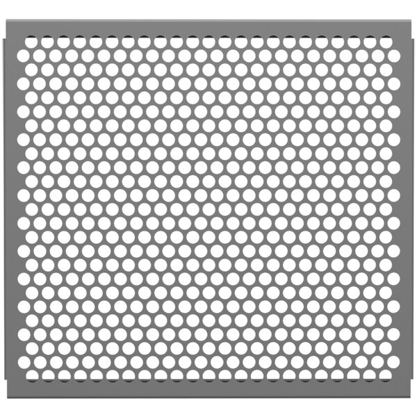 A close-up of a gray metal mesh with circle patterns.