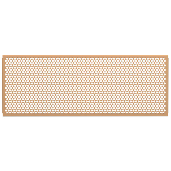 A beige metal mesh partition panel with circle patterns.