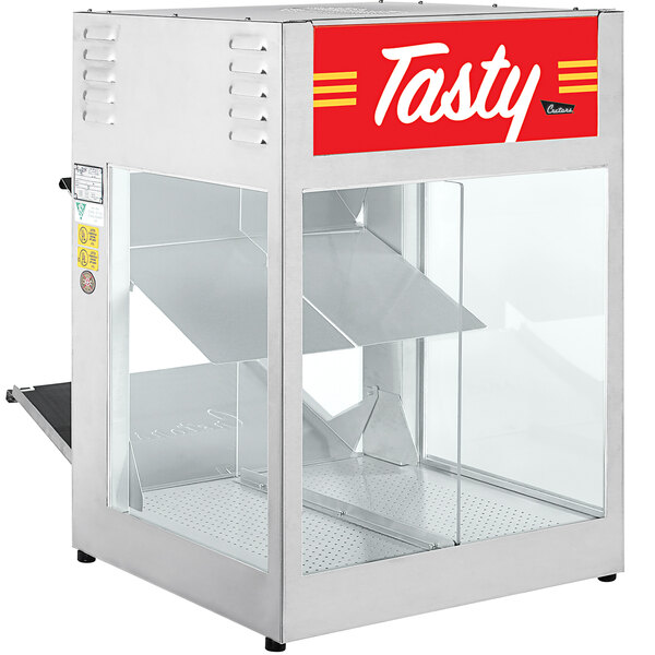 A white Cretors snack warmer with a red "Tasty" sign.