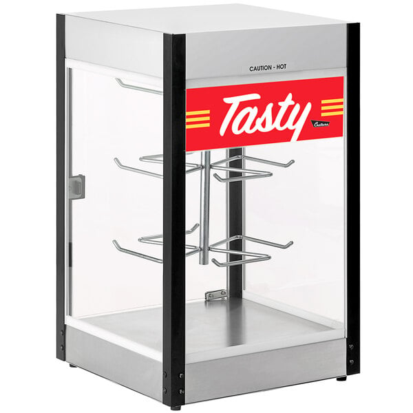 A Cretors RPACT-X rotating pretzel display cabinet with a Tasty decal on the glass.