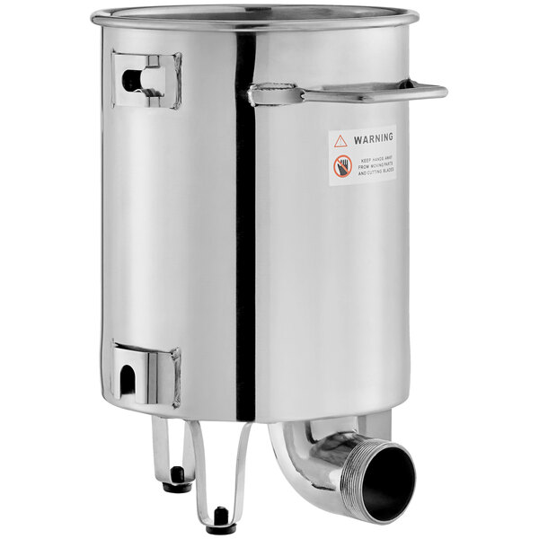 a stainless steel container with a warning sign