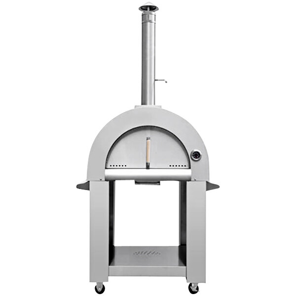 An Omcan stainless steel wood burning pizza oven on wheels.