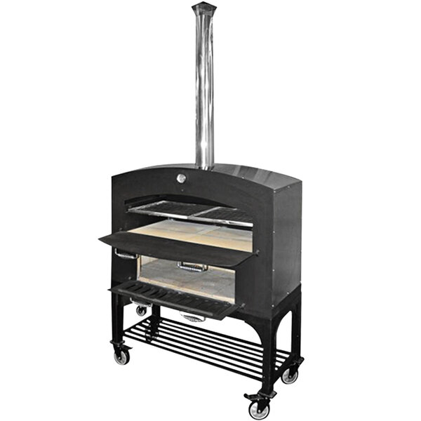 An Omcan wood burning pizza oven with a metal pipe and stainless steel shelf.