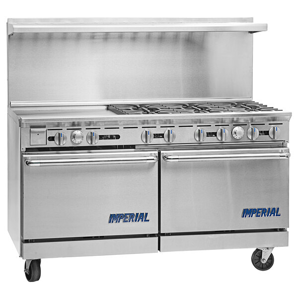 A stainless steel Imperial Range Pro Series commercial gas range on a counter.