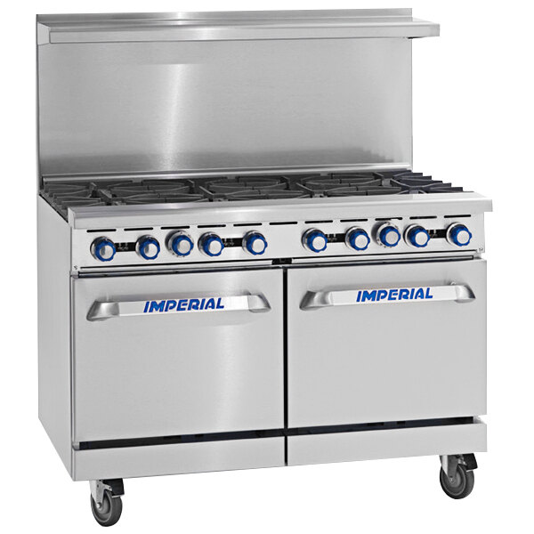 An Imperial Range stainless steel 8 burner range with 2 ovens.