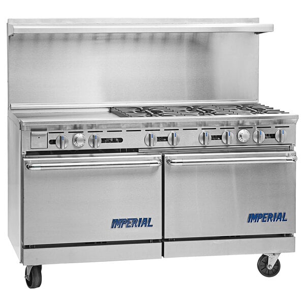 A stainless steel Imperial Range commercial gas range on a counter.