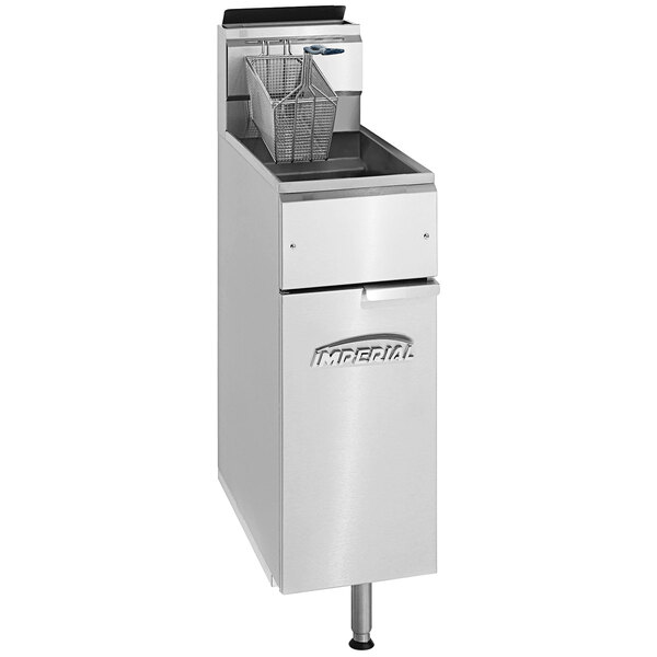 A stainless steel Imperial gas fryer with a basket inside.