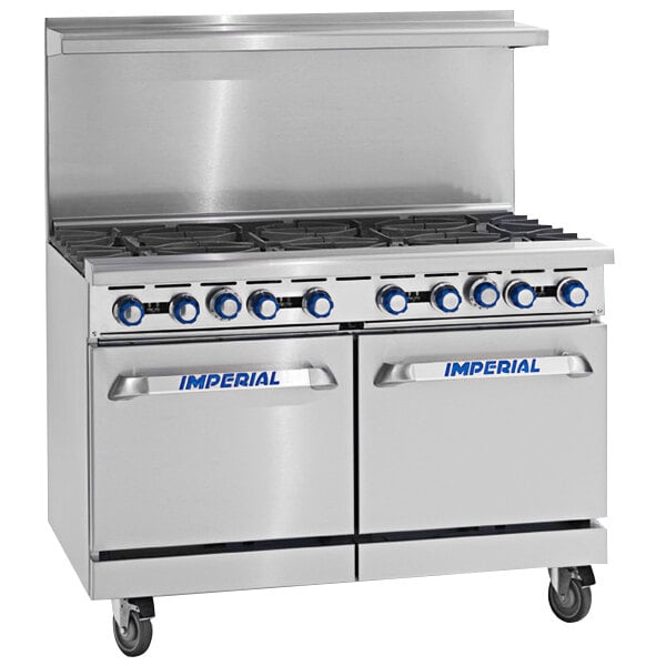 A stainless steel Imperial Range commercial gas range with 8 burners and 2 ovens.