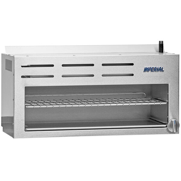 An Imperial Range liquid propane cheese melter with an open door, shelf, and rack inside.