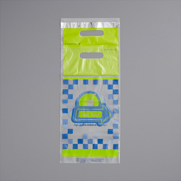 A white plastic bag with a blue and yellow Fast Take logo and handles.
