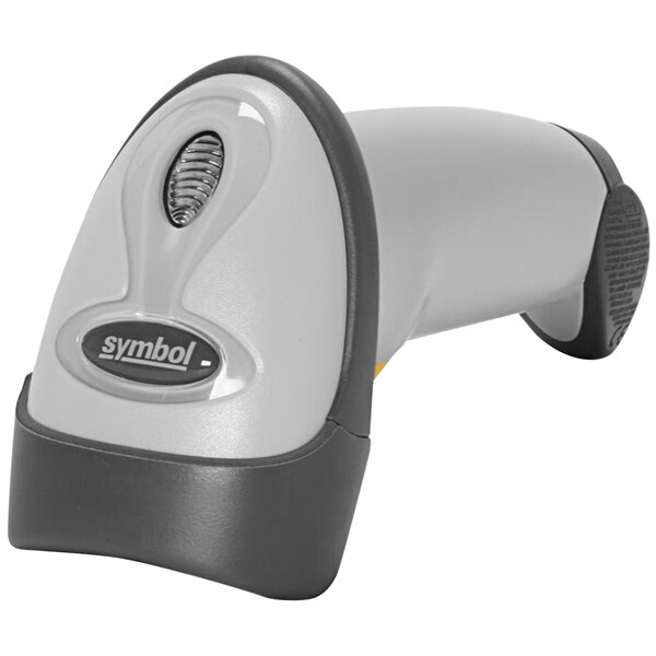 A Zebra LS2208 white barcode scanner on a white background.