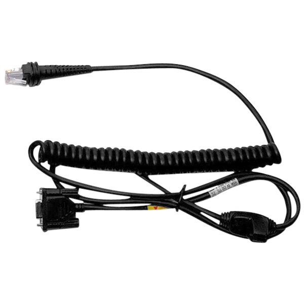 A black coiled Honeywell RS232 scanner cable with plugs.