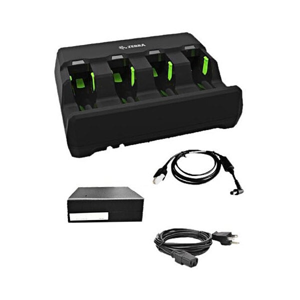 A black Zebra 4-slot battery charger with cords and green lights.