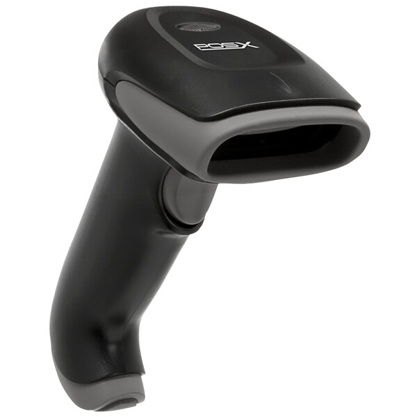 A close up of a black POS-X EVO 2D barcode scanner reading a barcode.