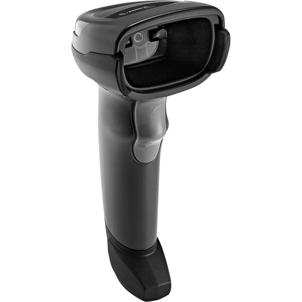 A close-up of a black Zebra DS2208 corded handheld barcode scanner.