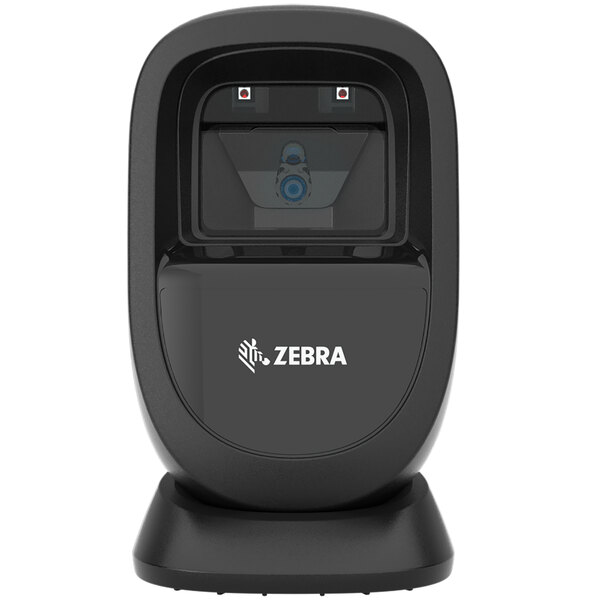 A black Zebra barcode scanner with a black rectangular screen.