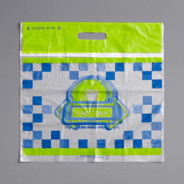 A green plastic bag with a Fast Take logo on it.