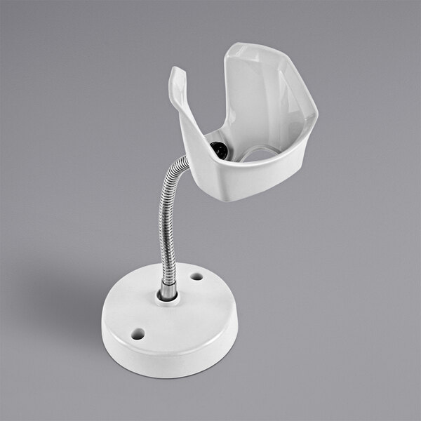 A white plastic Zebra gooseneck scanner stand with a metal flexible arm and round base.