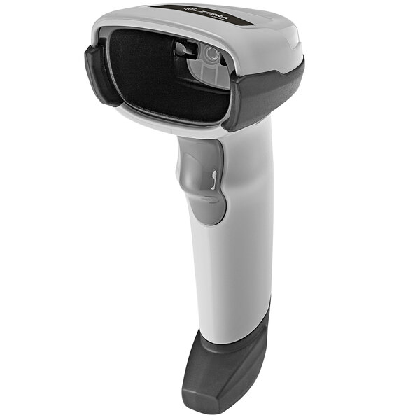A close-up of a white Zebra DS2208 barcode scanner.