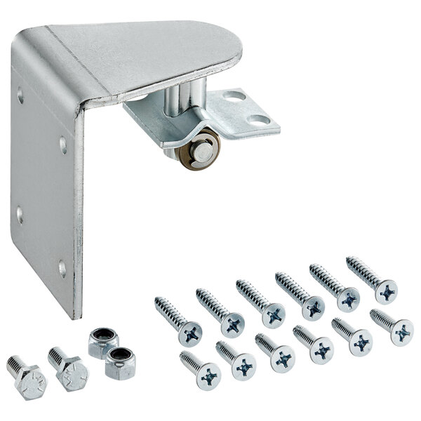 A metal bracket with screws and nuts on a table.