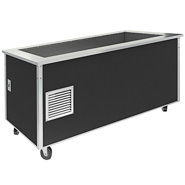A black and silver rectangular refrigerated food station base with wheels.
