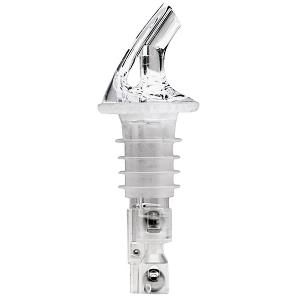 A clear plastic bottle stopper with a curved clear plastic screw.