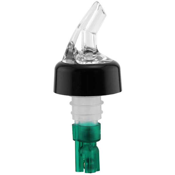 A Franmara clear liquor pourer with a green tail and black collar.