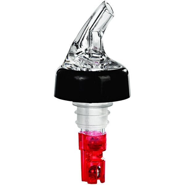 A clear bottle with a black and red Franmara Posi-Pour liquor pourer.